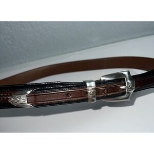 Brighton Belt No. 12200 Size 42 – Black Leather w/ Brown Woven Contrast Center